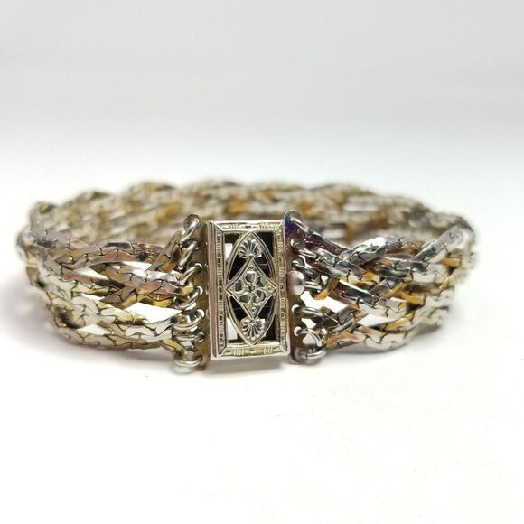 Vintage Braided Woven Silver Tone Chain Bangle Bracelet, Tab Clasp, Retro Estate - Picture 7 of 7
